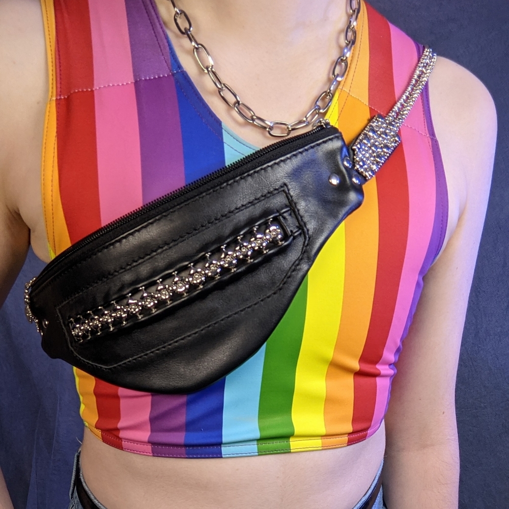 Black Faux Leather & Silver Chain Fanny Pack